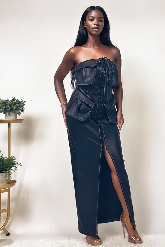 pu leather dress Deep Neck Slit Hem Faux Leather Dress main image 1