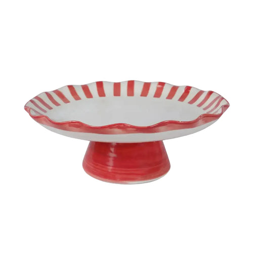 Ceramic Stripe Cake Stand,Red - 10 x 10 x 3.75 Inches