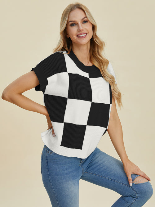 DOUBLE TAKE Full Size Checkered Round Neck Short Sleeve Sweater