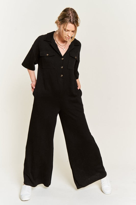 Jade by Jane Women's Basic Collar Shirt Wide Leg Jumpsuit