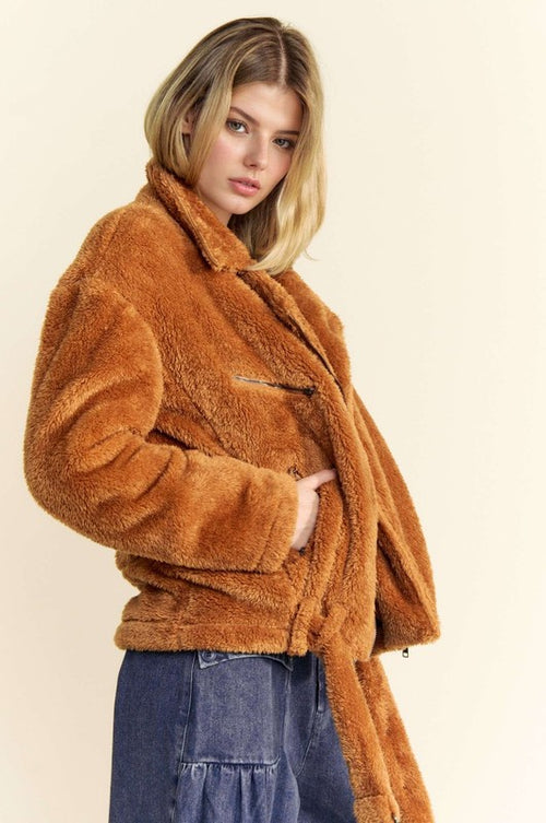 Davi & Dani Women's Brown Fuzzy Zip Up Collared Neck Jacket