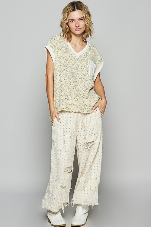 POL Women's  Almond/Ivory Floral V-Neck Top with Short Sleeve