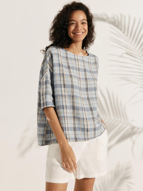 100% Linen Gingham Checked Boatneck 3/4 Length Sleeve Top AURORA