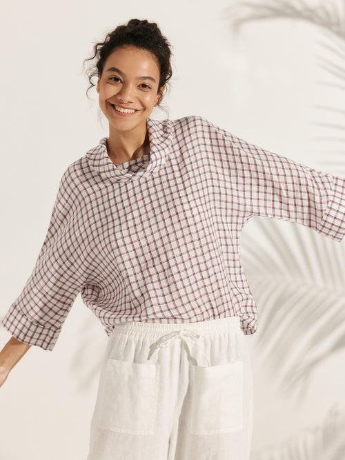 Linen-Cotton Dropped Collar Long-Sleeve Top TRISTAN