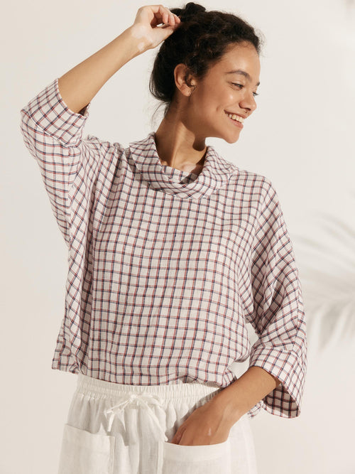 Linen-Cotton Dropped Collar Long-Sleeve Top TRISTAN