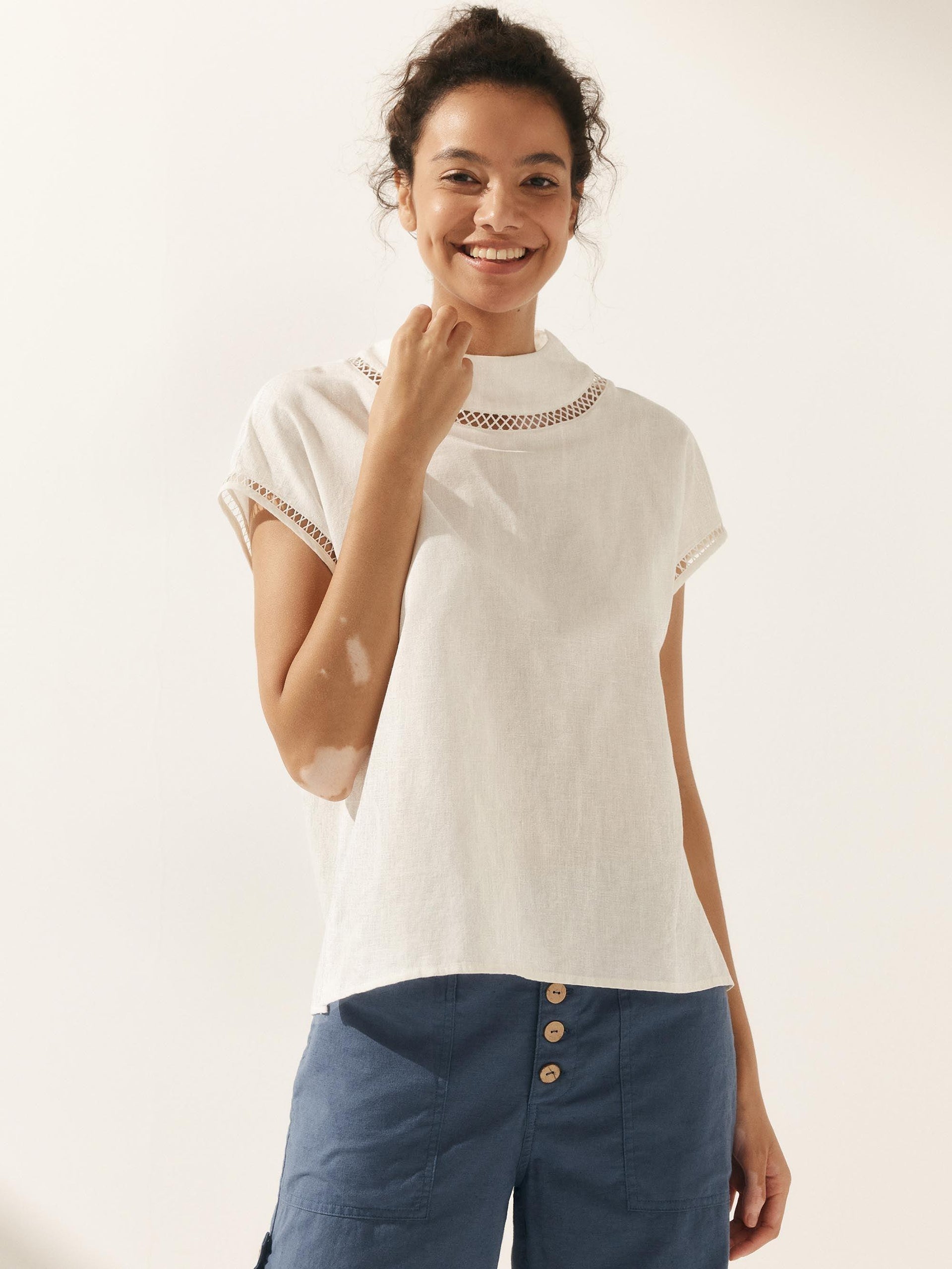 Linen-Cotton Gingham Cutout Turtleneck Top CAROL