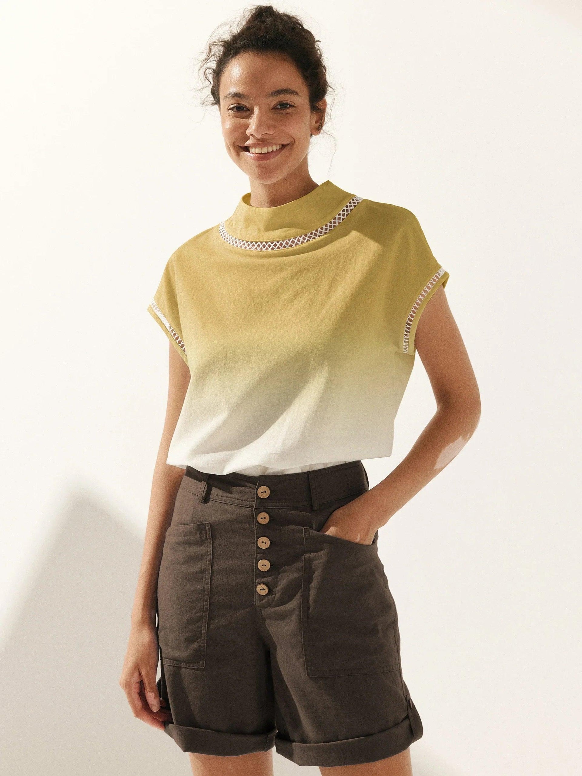 Linen-Cotton Gingham Cutout Turtleneck Top CAROL