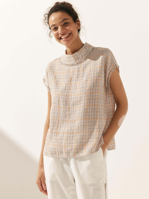 Linen-Cotton Gingham Cutout Turtleneck Top CAROL