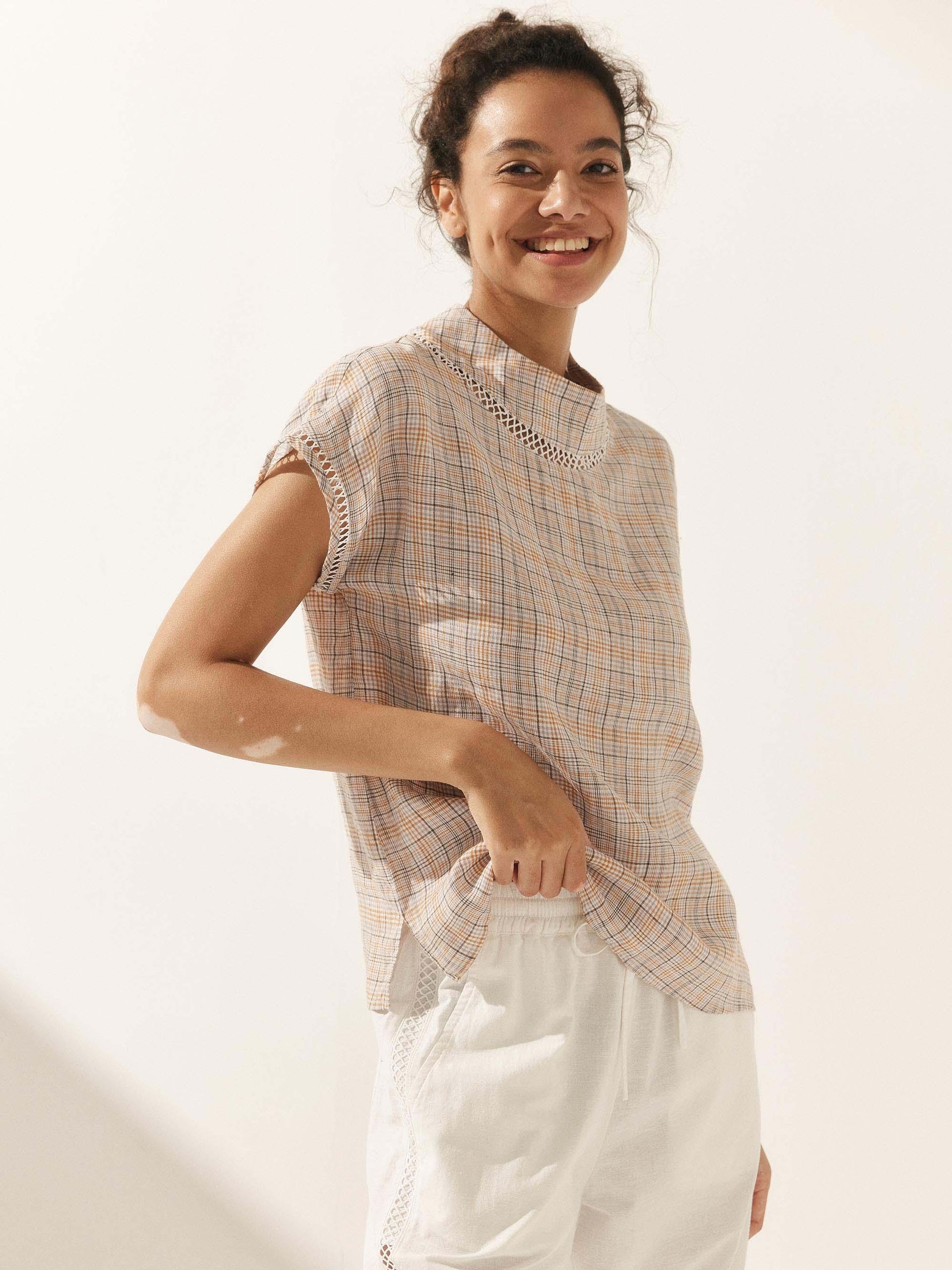 Linen-Cotton Gingham Cutout Turtleneck Top CAROL