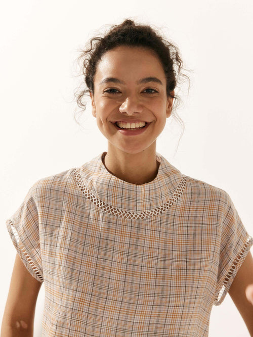 Linen-Cotton Gingham Cutout Turtleneck Top CAROL