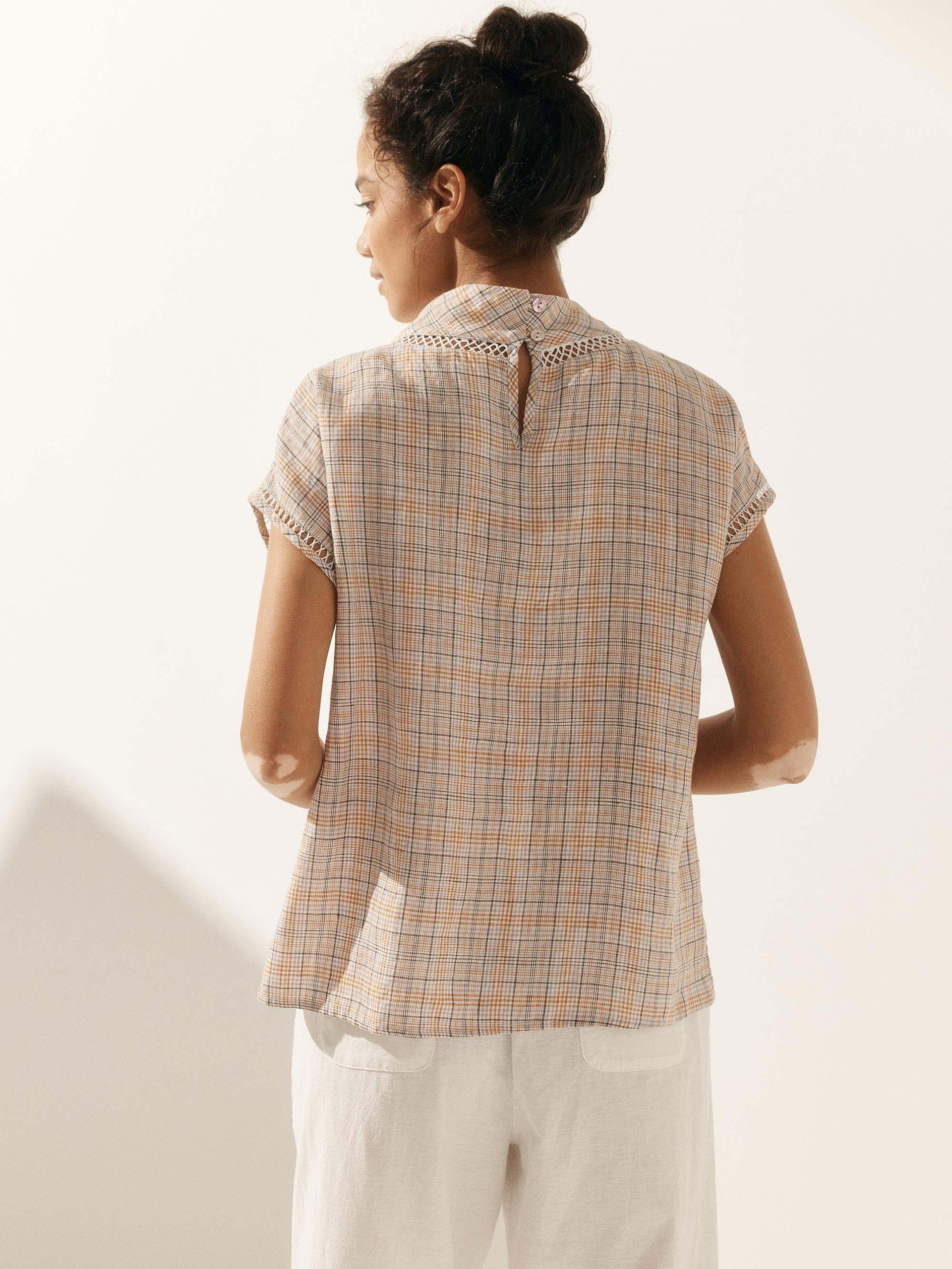 Linen-Cotton Gingham Cutout Turtleneck Top CAROL