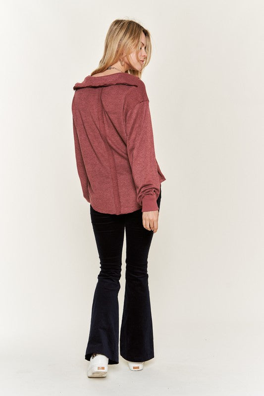 JADE by JANE Deep V-neck Collared Long sleeve Knit Top