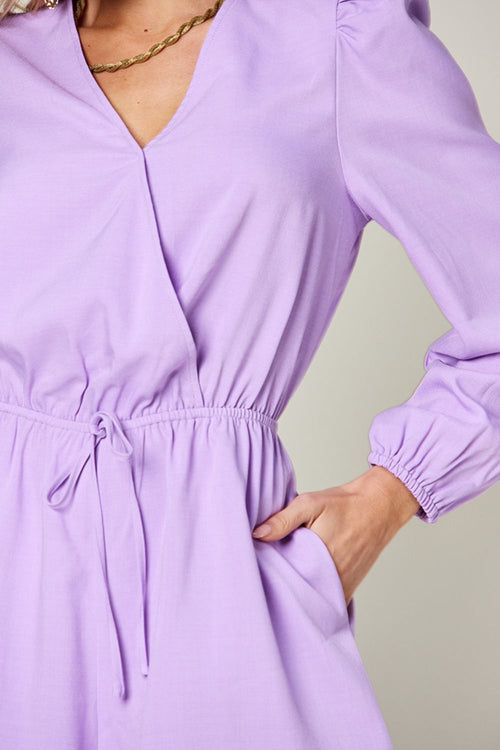 DOUBLE TAKE Full Size Lavender Drawstring Long Sleeve Romper