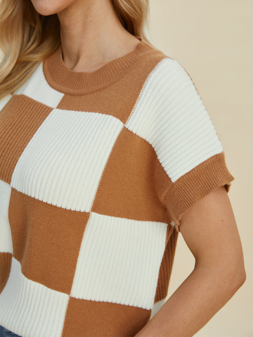 DOUBLE TAKE Full Size Checkered Round Neck Short Sleeve Sweater