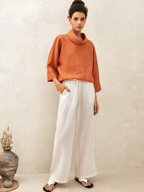 Linen-Cotton Dropped Collar Long-Sleeve Top TRISTAN