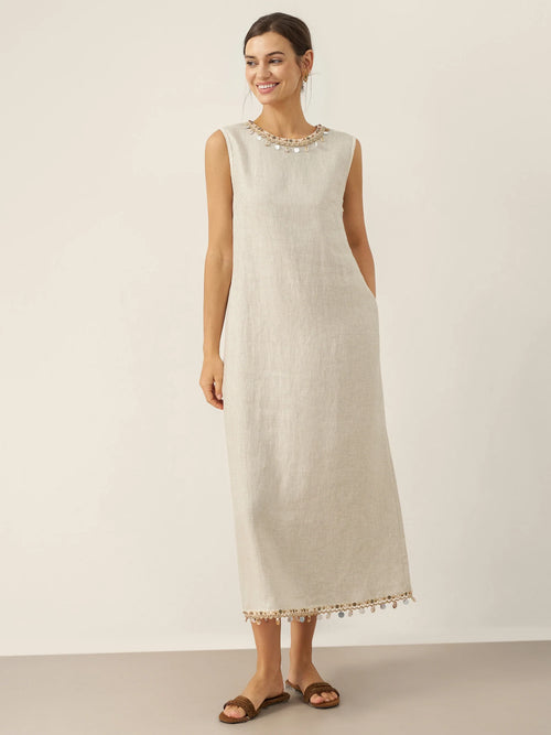 100% Linen Beaded Crew Neck Midi Dress with Belt BELLA