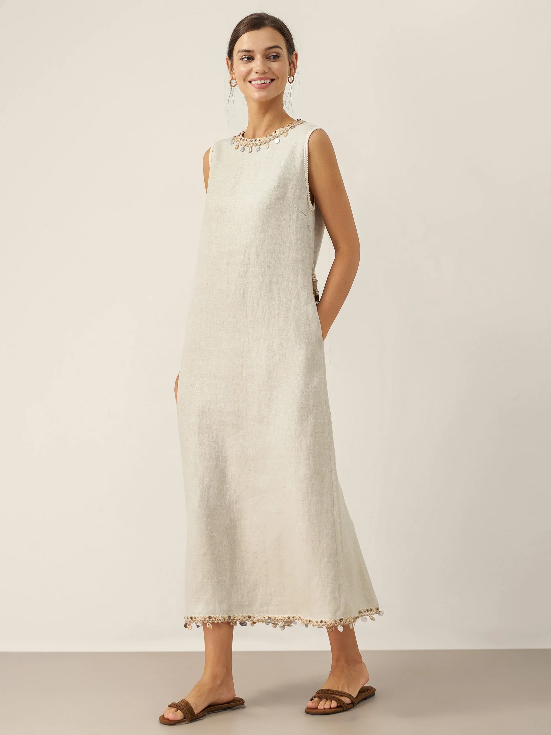 100% Linen Beaded Crew Neck Midi Dress with Belt BELLA