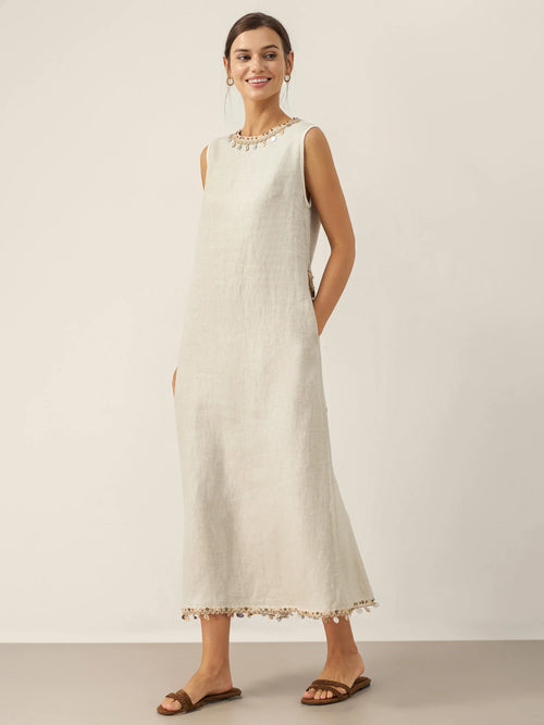 100% Linen Beaded Crew Neck Midi Dress with Belt BELLA