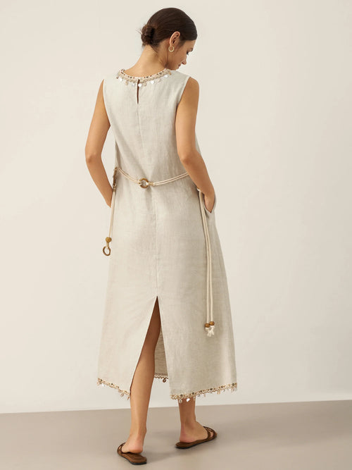 100% Linen Beaded Crew Neck Midi Dress with Belt BELLA