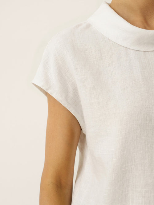 100% Linen Cap Sleeve Soft-Fold Collar Top YVONNE