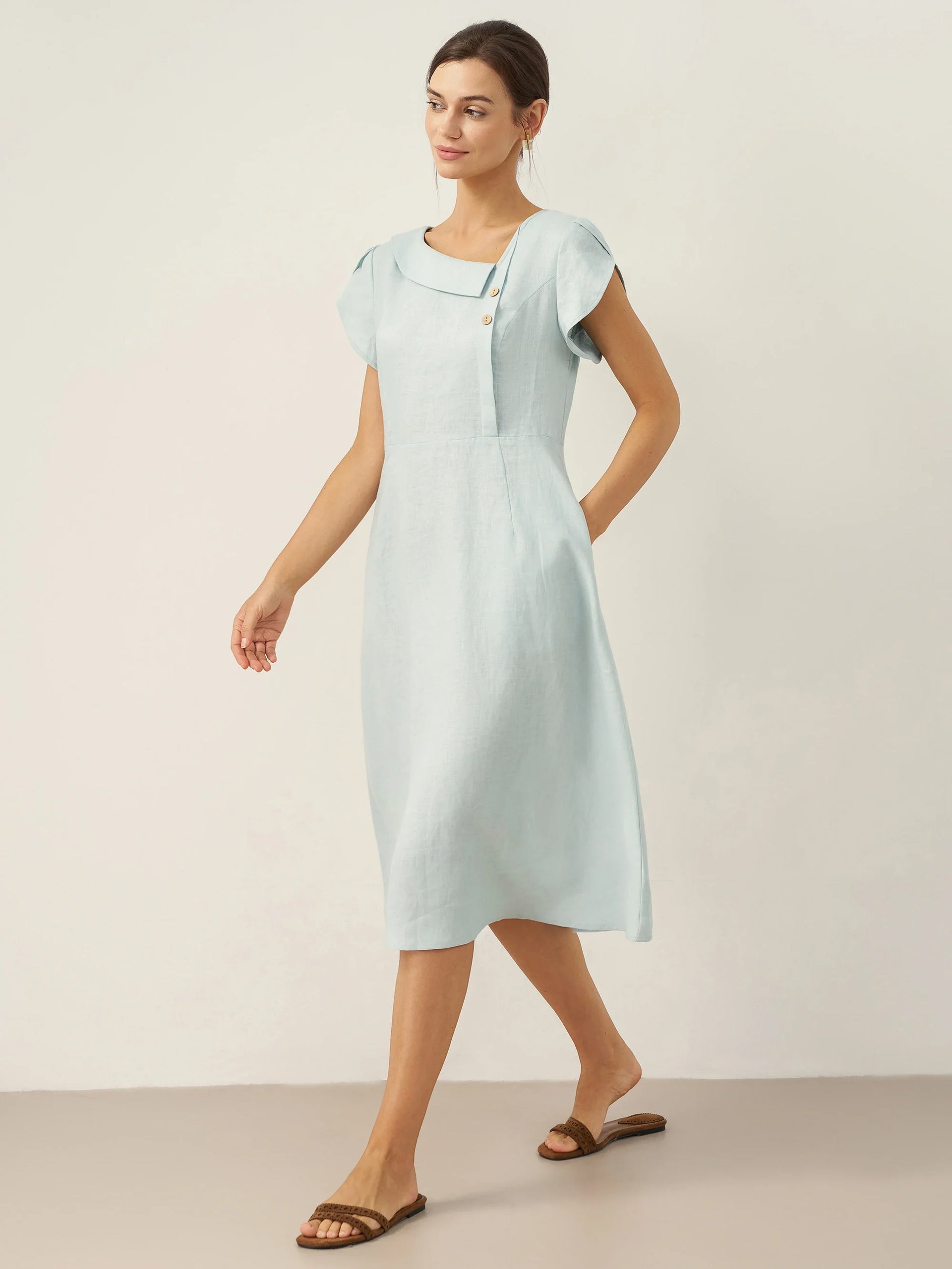 100% Linen Crescent Collar Flutter Sleeve Mini Dress FIONA