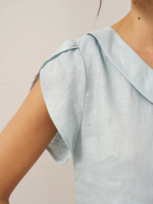 100% Linen Crescent Collar Flutter Sleeve Top FARA
