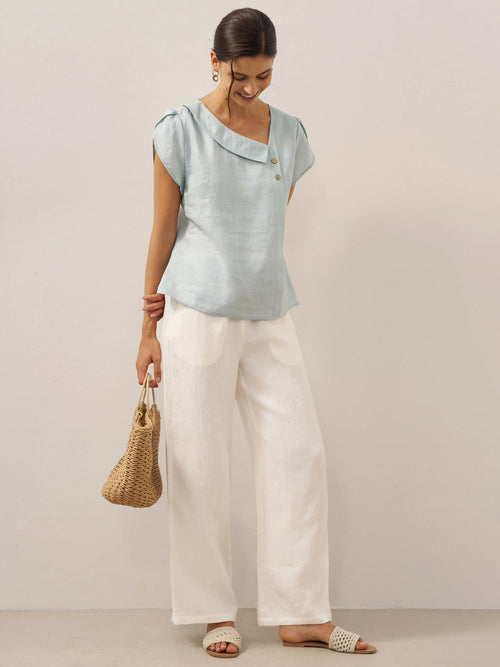 100% Linen Crescent Collar Flutter Sleeve Top FARA