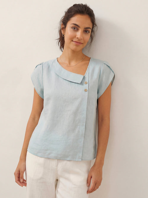 100% Linen Crescent Collar Flutter Sleeve Top FARA