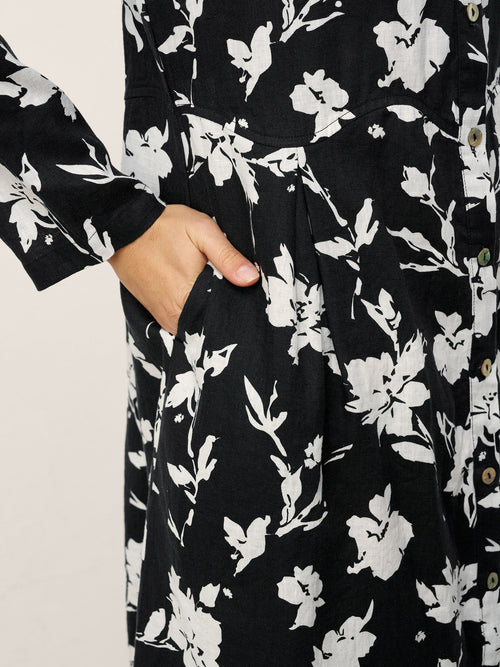 100% Linen Floral Printed Gathered Midi Dress ELODIE