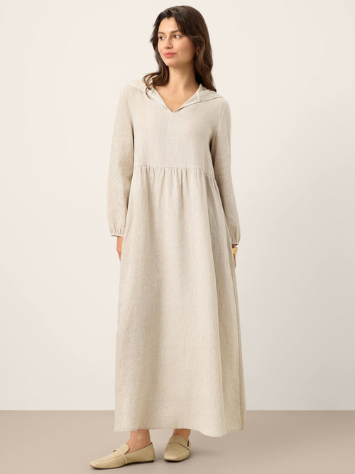 100% Linen Sculpted-Hood Caftan Midi Dress LINETTE