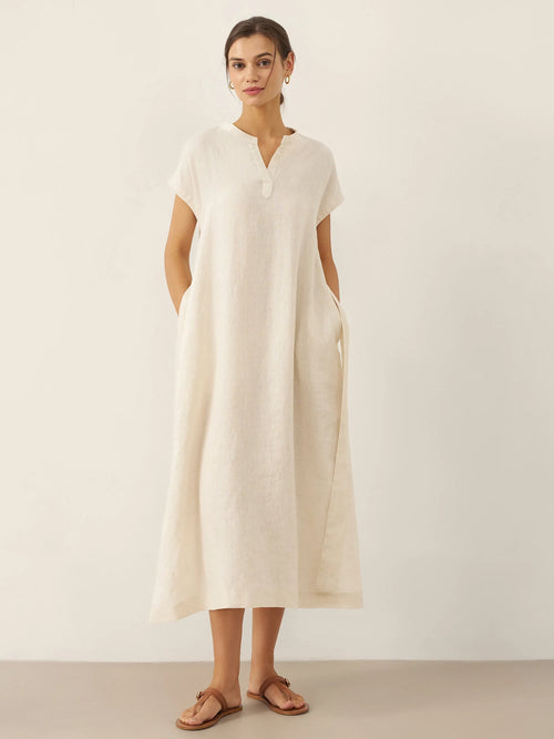 100% Linen Mandarin Collar Midi Dress with Detachable Belt MARGARET