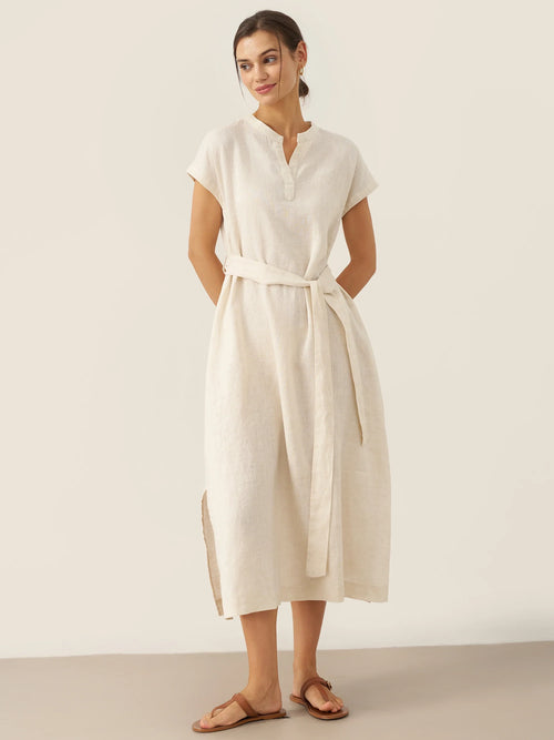 100% Linen Mandarin Collar Midi Dress with Detachable Belt MARGARET