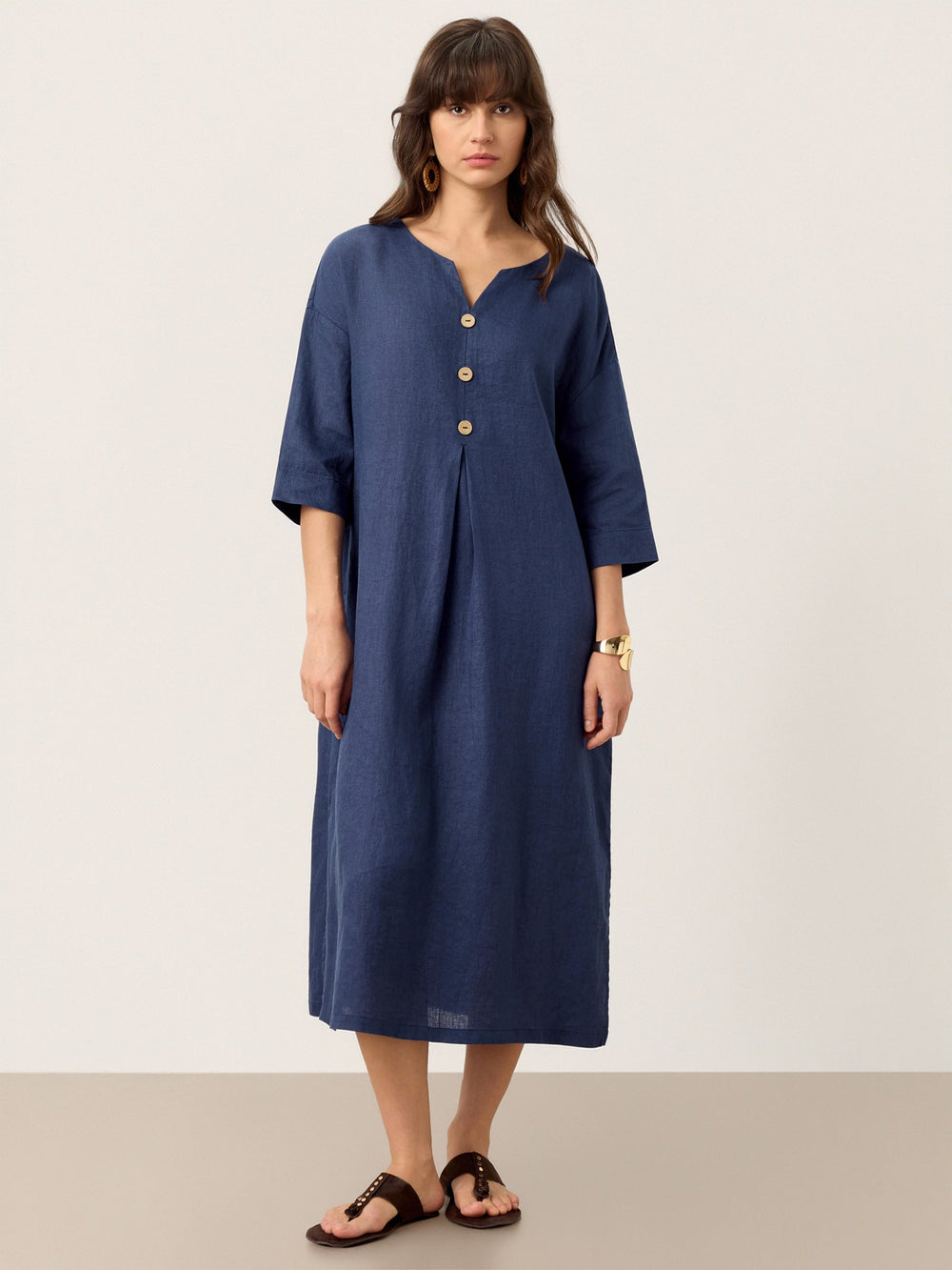 100% Linen Notch Neck Inverted Pleat Midi Dress MATILDE