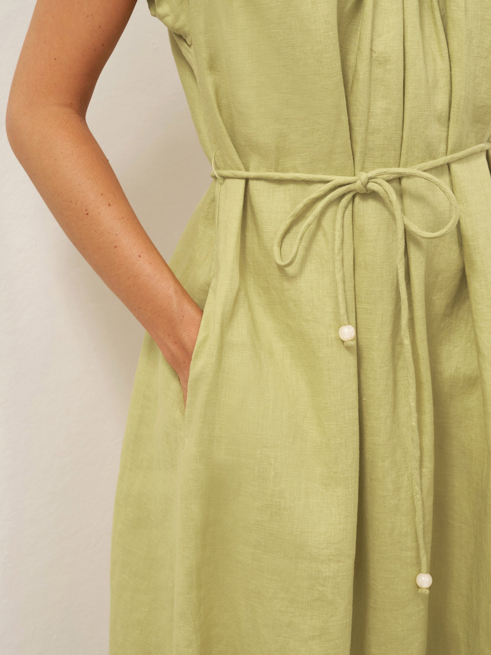 100% Linen Pleated Crew Neck Midi Dress with Detachable Tie Straps MIRA