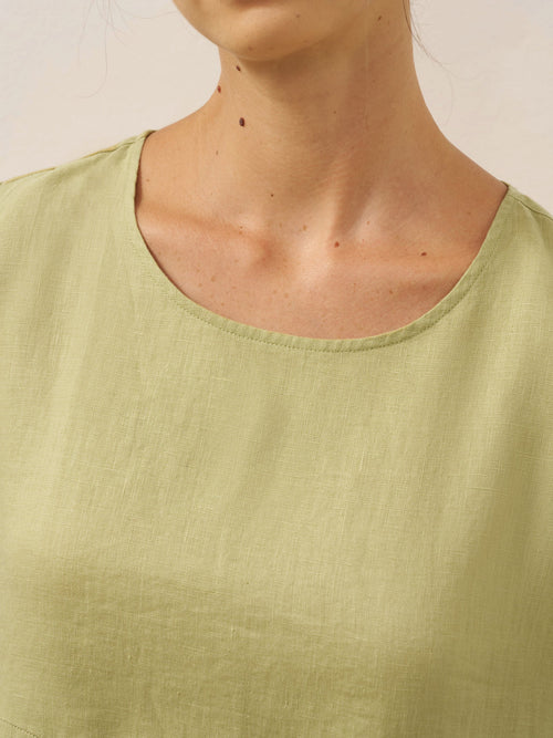 100% Linen Pleated Crew Neck Midi Dress MILA