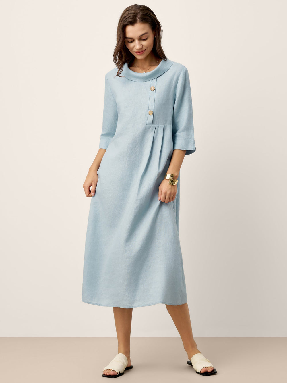LINTICO Women's 100% Linen Rolled Collar Asymmetric Button Midi Dress ELARAINE