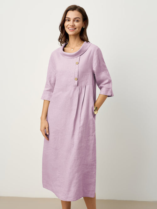 100% Linen Rolled Collar Asymmetric Button Midi Dress ELARAINE