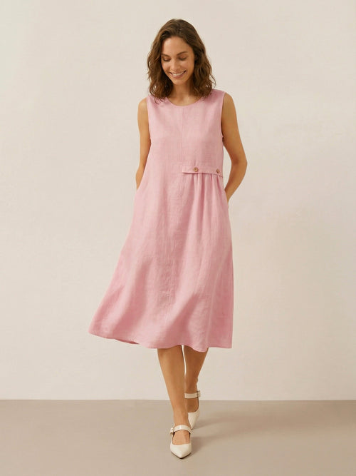 100% Linen Sleeveless Accordion Pleat Midi Dress TINA