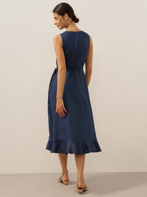 100% Linen V-Neck One-Piece Ruffle Hem Midi Dress MAYA