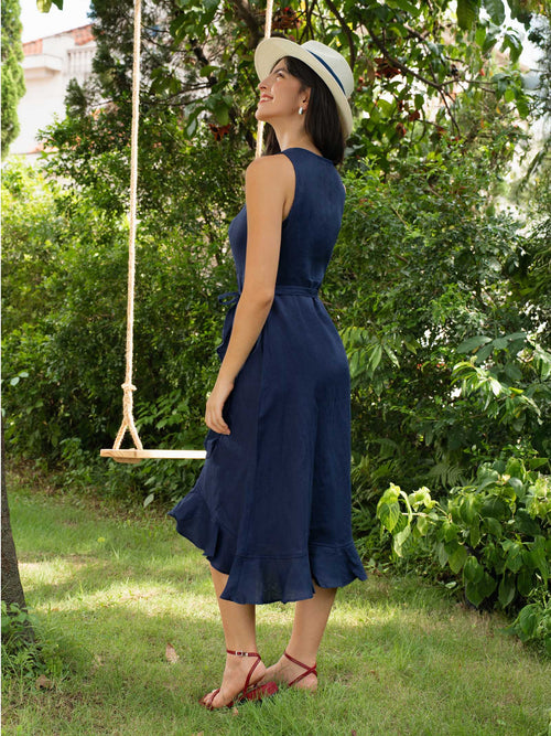 100% Linen V-Neck One-Piece Ruffle Hem Midi Dress MAYA