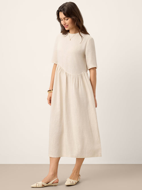 100% Linen Arch-Seam Fluid Midi Dress EUDORA