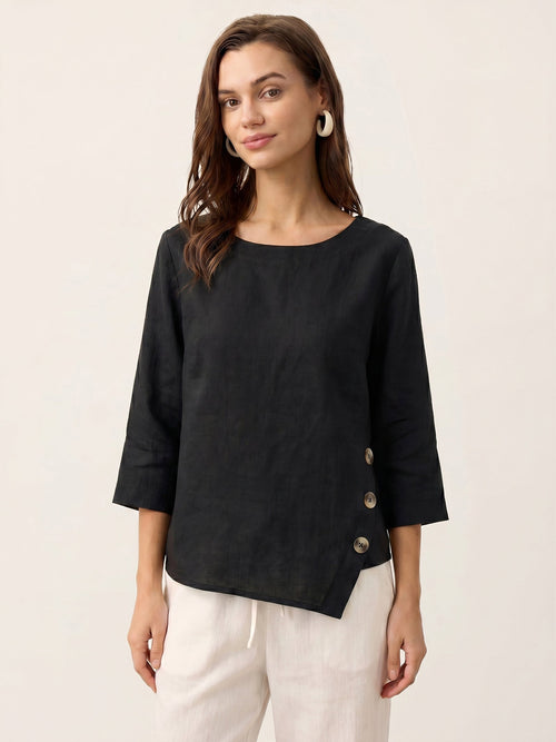 100% Linen Asymmetric-Hem Button-Trim Top NYLA