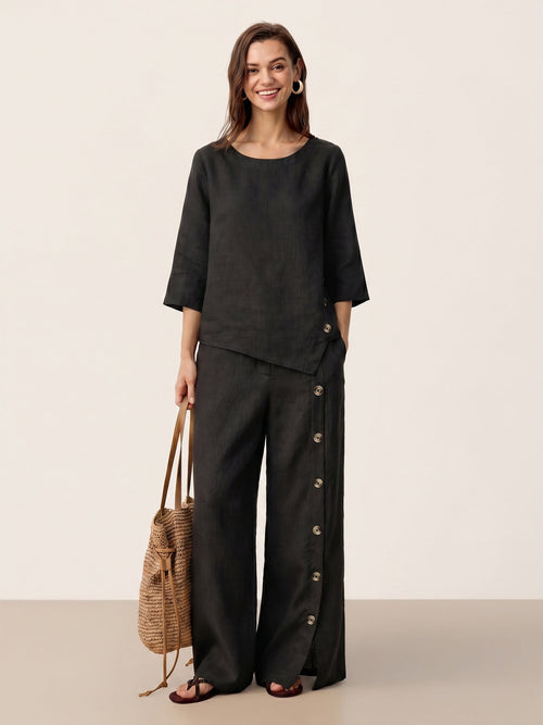 100% Linen Asymmetric-Hem Button-Trim Top NYLA