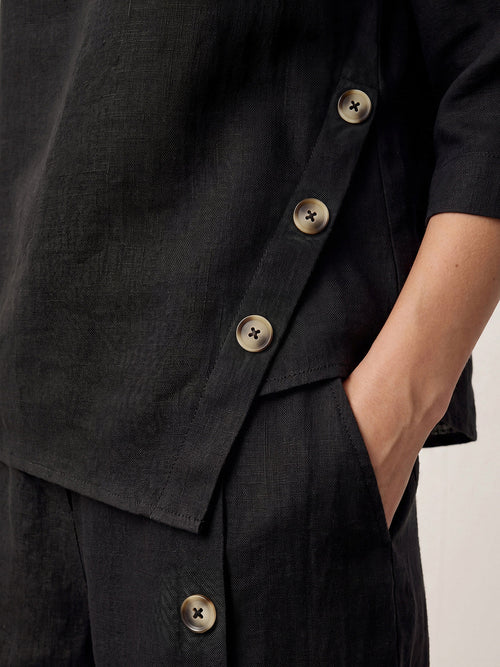 100% Linen Asymmetric-Hem Button-Trim Top NYLA