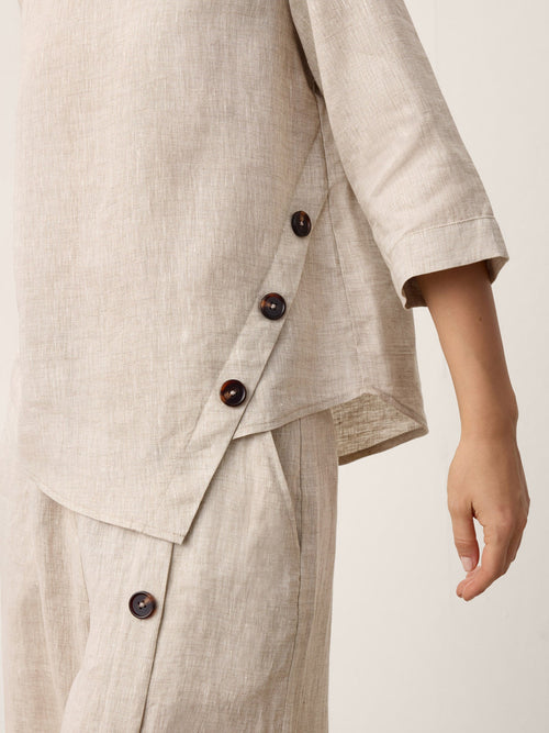 100% Linen Asymmetric-Hem Button-Trim Top NYLA
