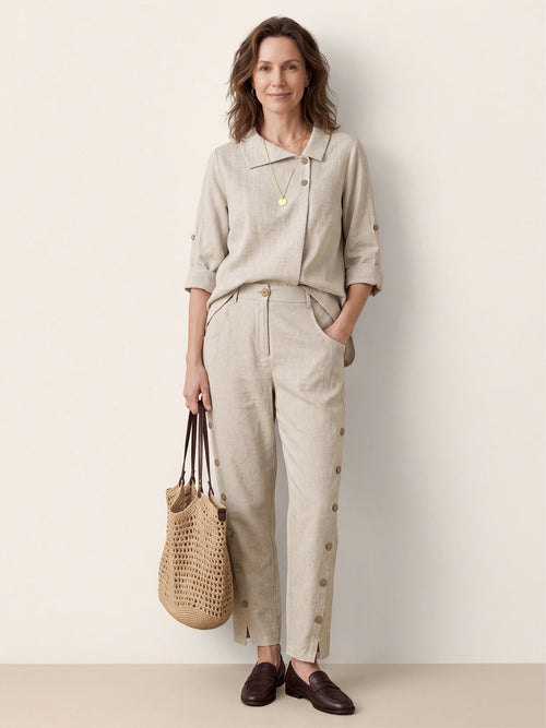 100% Linen Asymmetric Button Placket Shirt CLARISSA