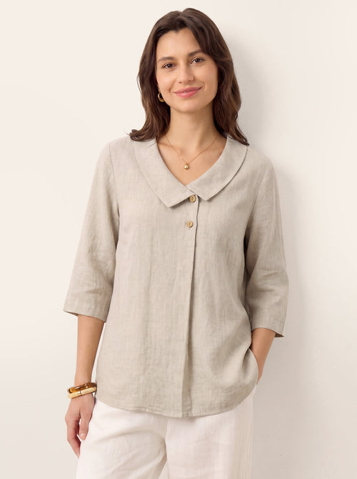 100% Linen Asymmetric Collar Inverted Pleat Top OTTILIE