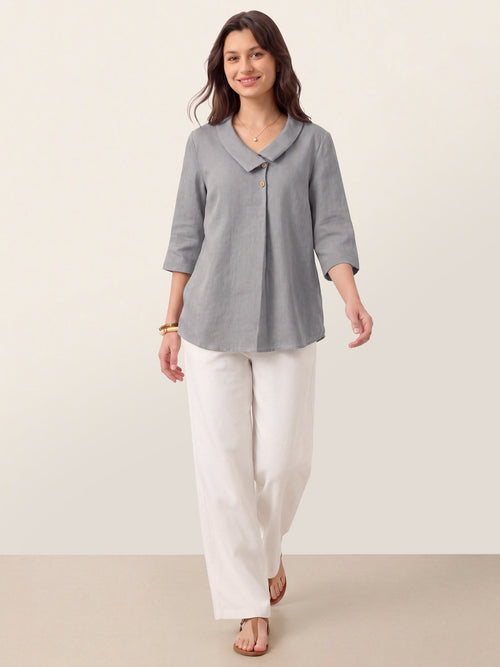 100% Linen Asymmetric Collar Inverted Pleat Top OTTILIE