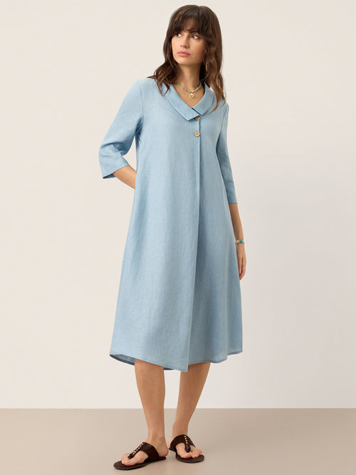 100% Linen Asymmetric Shawl Collar A-Line Mini Dress WINIFRED