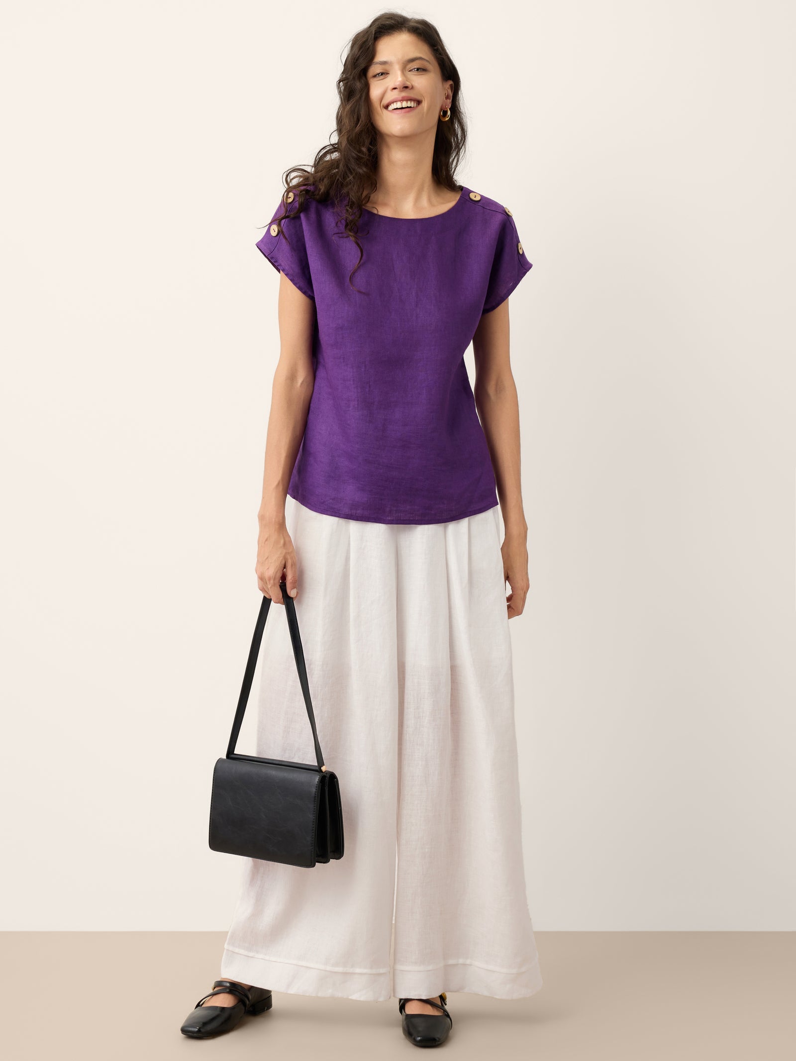 100% Linen Round Neck Button Detail Top ISABELLE